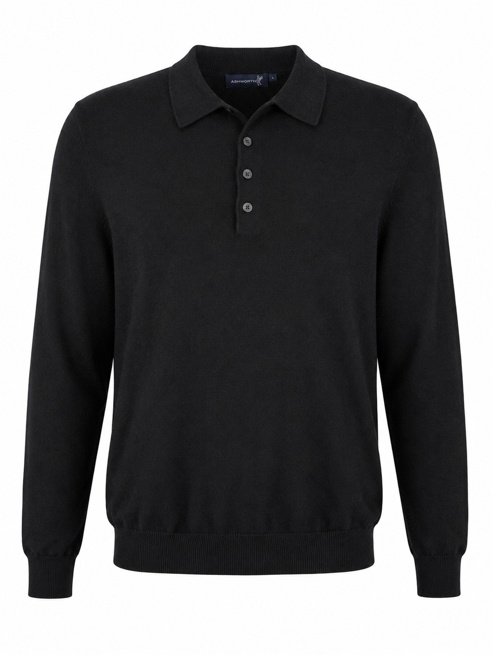 ASHWORTH | Black Cotton Wool Knit Polo Sweater Long Sleeve Men's Minimalist | XL